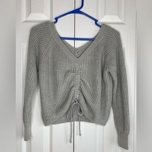 Cropped V-neck Sweater Women's Ruched Drawstring Front Knit Gray Sz S